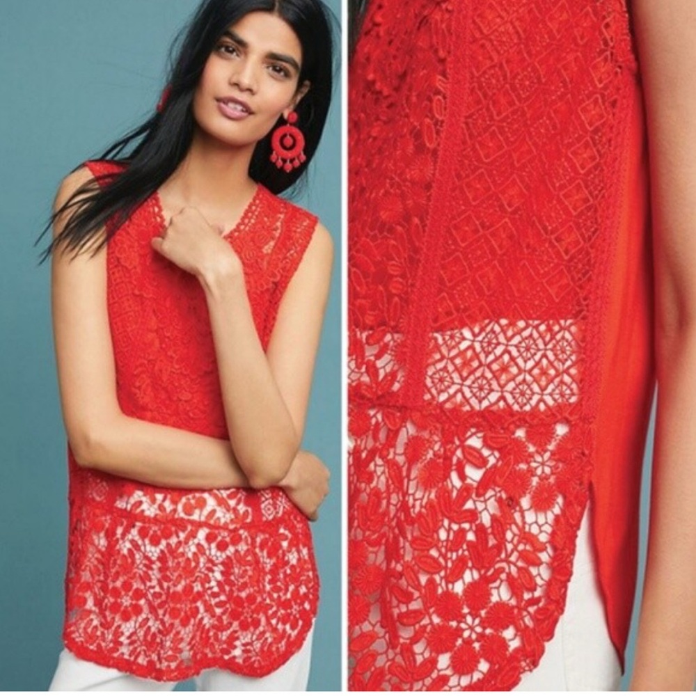 Anthropologie Tiny Red Gardenia Lace Tank
